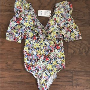 ZARA floral v neck body con bodysuit